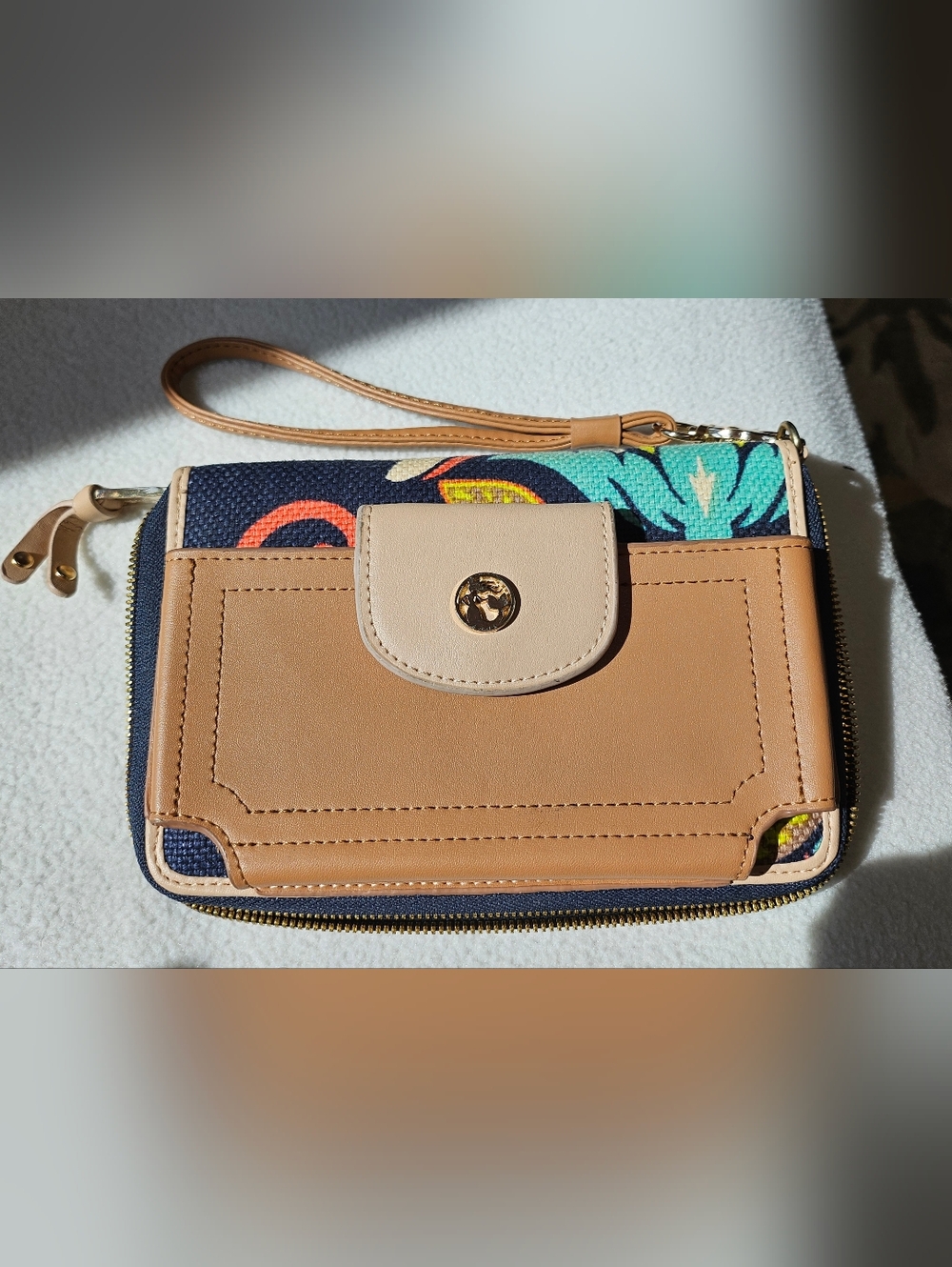 Spartina - Tan Leather-Trim Wristlet Wallet with Navy Floral Canvas